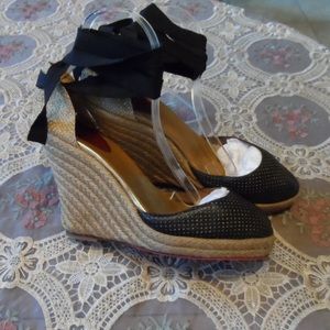 Christian Louboutin Black Leather Wedge Espadrilles w/Ankle Tie Detail Size 40.